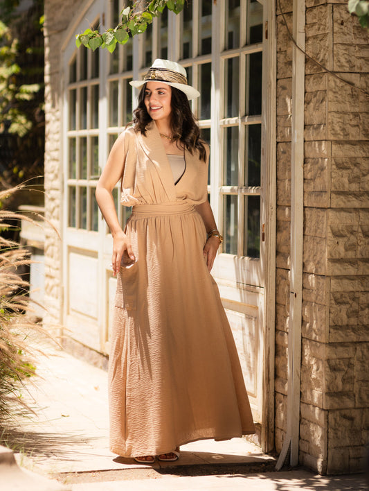 Cargo Elegance Wrap Dress - Beige