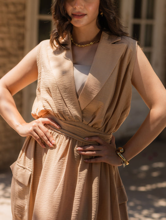 Cargo Elegance Wrap Dress - Beige